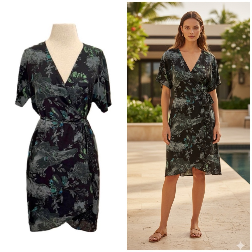 Babaton Aritzia NWT Black/Green Floral Botanical V Neck Wrap Dress Size Small